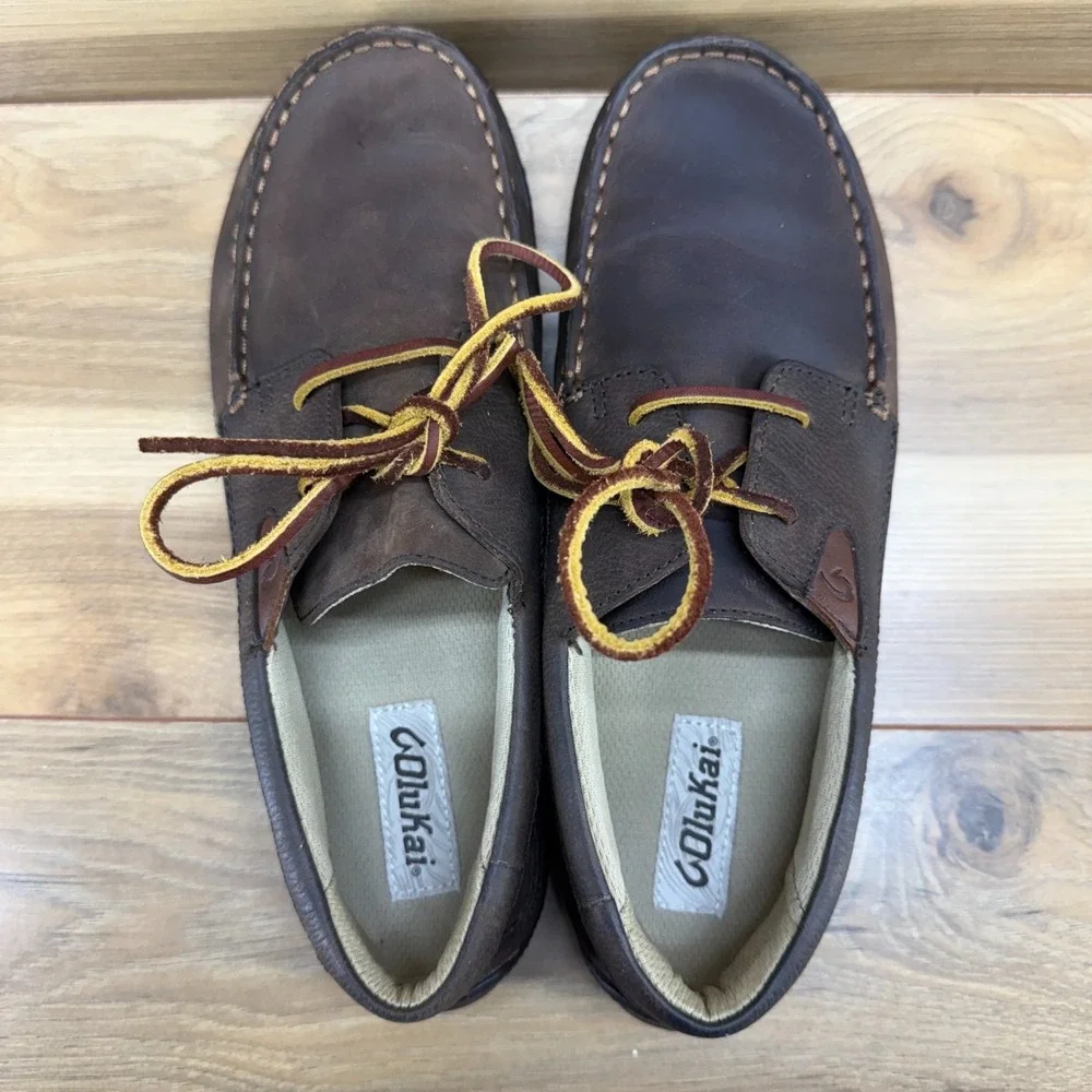 Olukai Mano Boat Loafers Mens 8 EU 41 Brown Leather Moc Toe Shoes